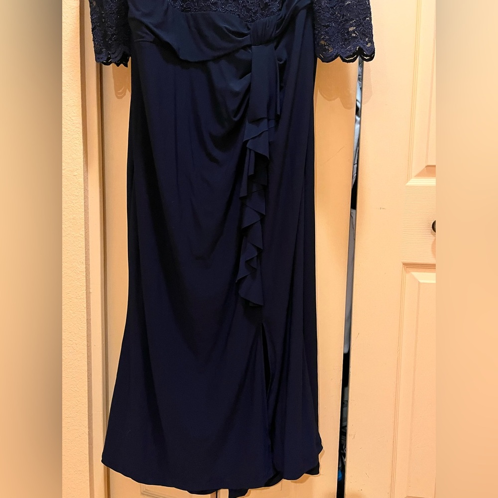 Marina evening formal dress. Cascade ruffle, lace sparkle bodice. Navy blue. 22 - Picture 6 of 16